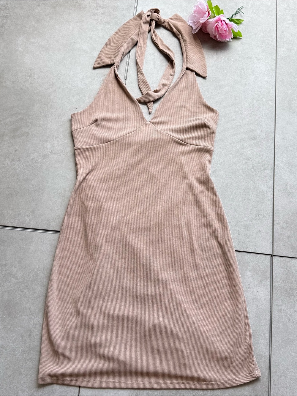 Le Lis Halter Mini Dress in Nude Blush large open back stretch ribbed bodycon